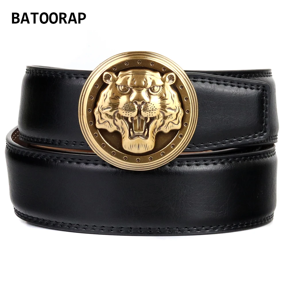 BATOORAP Black Belt For Men Casual Metal Click Buckle Automatic Cowskin Male Waist Strap Business Vintage Gold Tiger Belt Straps