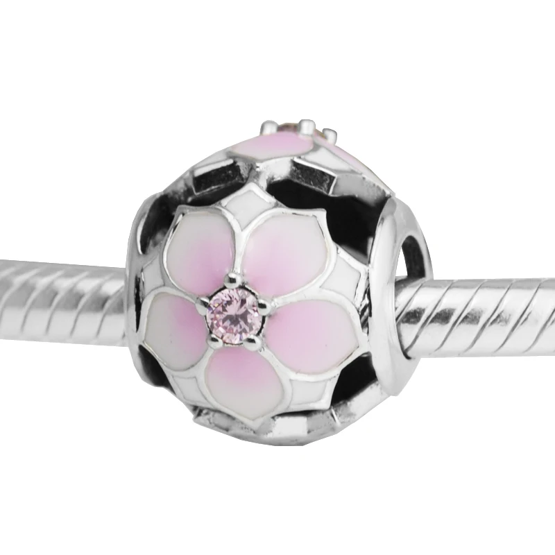 QANDOCCI 925 пробы Серебряная бусина с цветами магнолии подходит для браслетов Pandora Diy