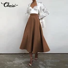 Celmia Женская мода 2022, юбка миди с высокой талией, элегантная офисная юбка вечерние, Повседневная однотонная Свободная юбка на молнии