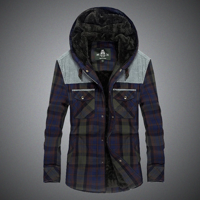 

Dropshipping Winter Shirts Mens Fleece Thick Warm Hooded Casual Shirts Plaid Pure Cotton Men's Shirts chemise homme Size M-3XL