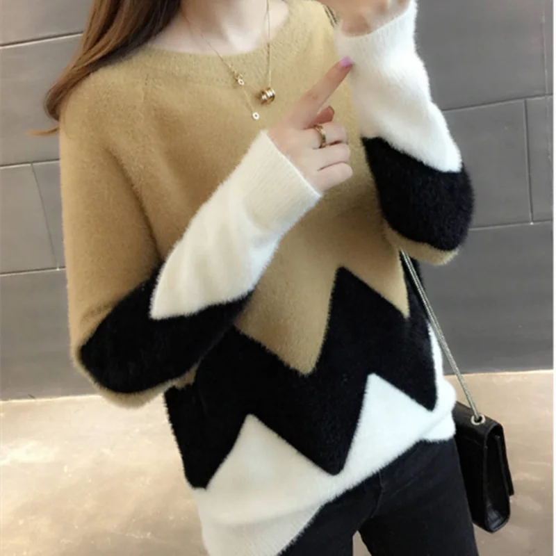 2021 Autumn And Winter New Water Velvet Sweater Women's Head Loose Color Matching Short Knit Bottoming Shirt Tide | Женская одежда
