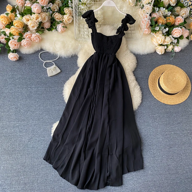 Summer Dress 2020 Fashion New Women Ruffle Layer Spaghetti Strap High Waist Long Rode Ladies Hem Slit Sexy Slim Dresses Vestidos | Женская