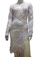 sparkling pearl diamond tassel birthday dress women long sleeves half high collar knee length dresses nightclub dancer outfit