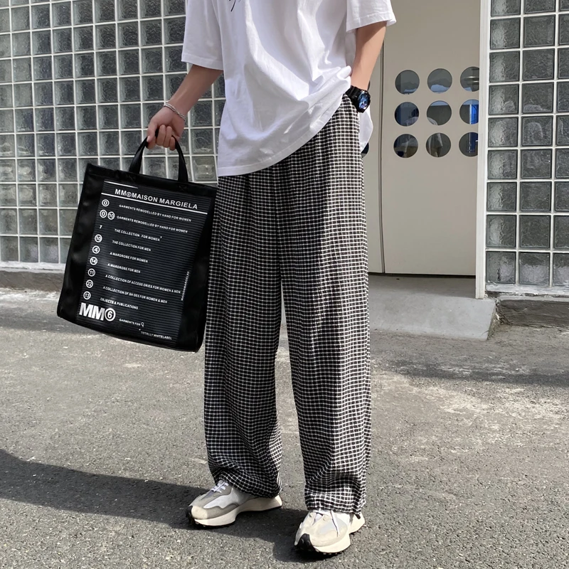 

Summer Thin Plaid Pants Men's Fashion Retro Casual Pants Men Streetwear Korean Loose Straight Wide-leg Pants Mens Trousers S-XL