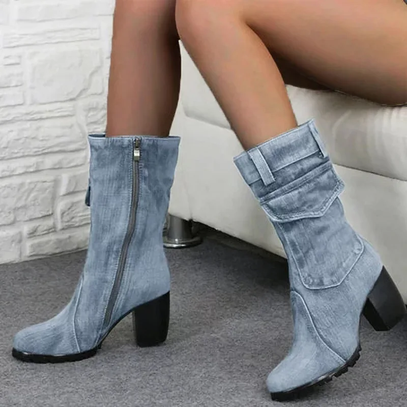 

New Spring autumn Denim boots for Women Mid-rise Solid color Large Size Shoes woman Slip-On Chunky Med Heels Mid-calf Boots