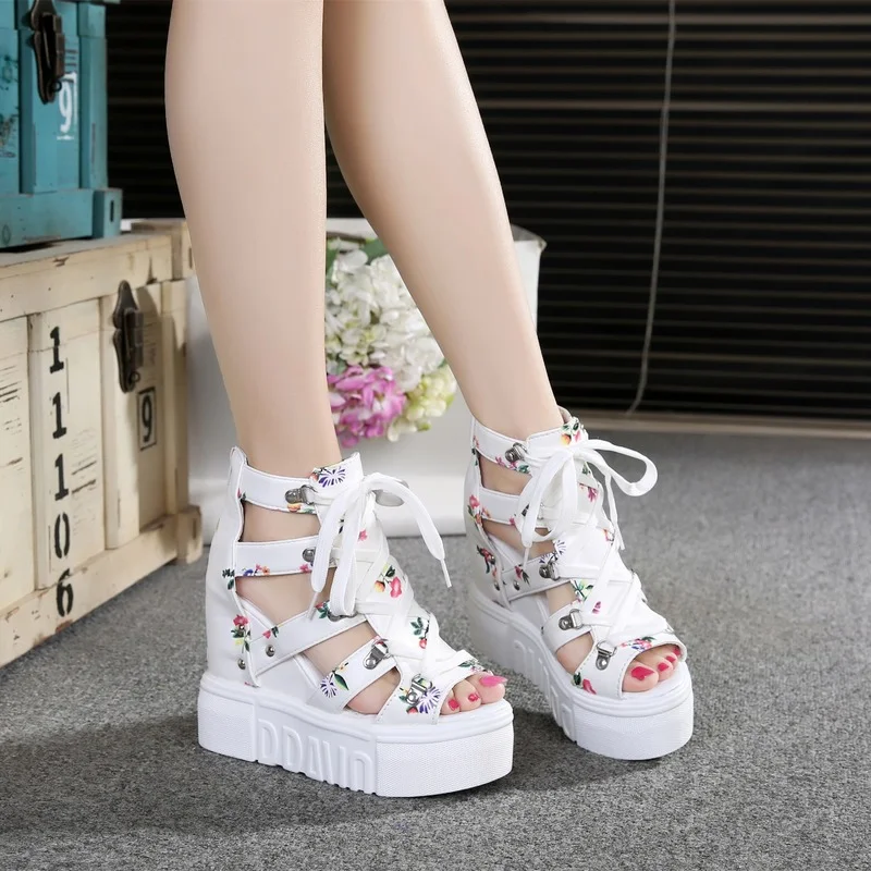 

2021 Summer Personalized Cross Strapping Muffin Bottom Women's Sandals High Slope Heel Fish Mouth Shoes Roman Women's Shoes