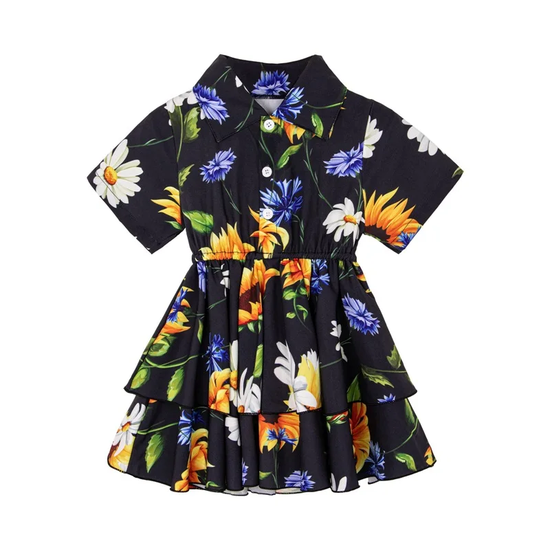 

Summer Girls Dress 2021 New A-line Turn-down Collar Kids Party Beach Dresses for Girl 2 3 4 5 6 Year Toddler Children Costume