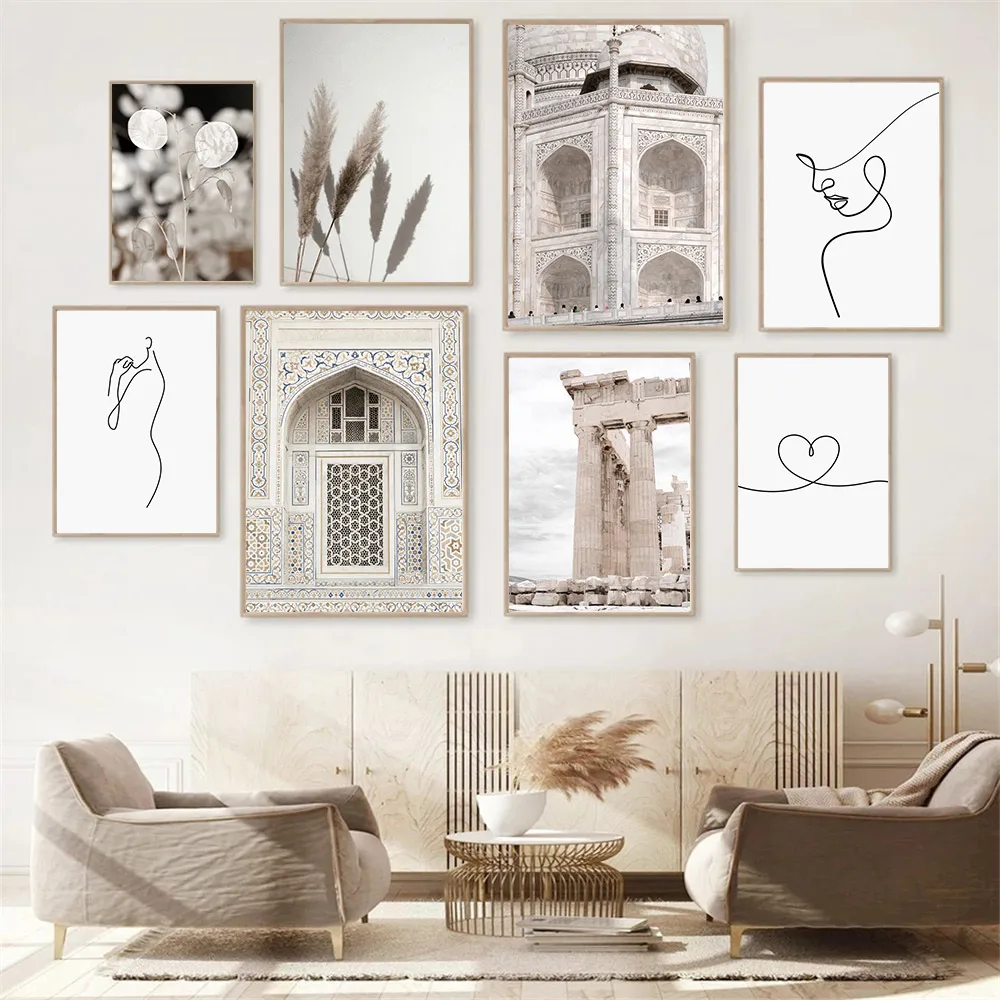 

Mosque Morocco Door Canvas Art Print Woman Body Abstract Line Painting Plant Reed Poster Muslim Wall Pictures Living Room Decor