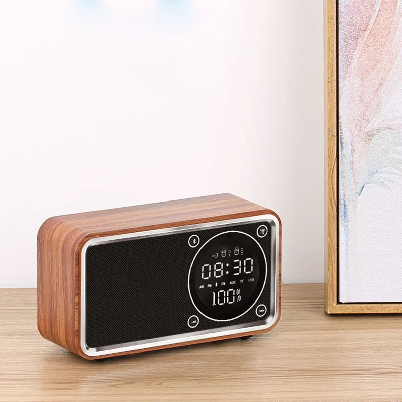 

LED Digital Alarm Clock Bluetooth Speaker Music Player Table Clock FM Radio Snooze Wooden Desk Clock Electronic Wireless