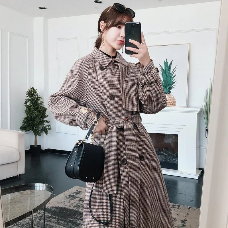 Женское шерстяное пальто в клетку повседневное Свободное длинное большого