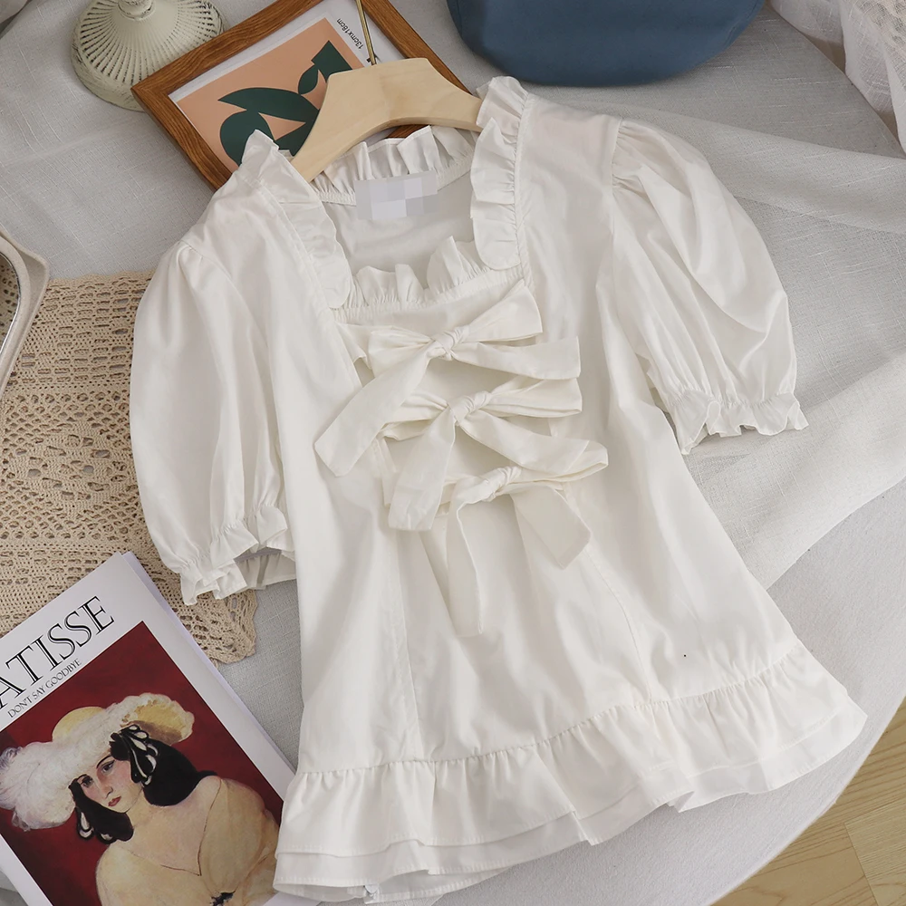 

Summer New French Style Sweet Retro Square Collar Bow Shirt Elegant Puff Sleeve Fashion Top Women's New Ruffles White Blouse