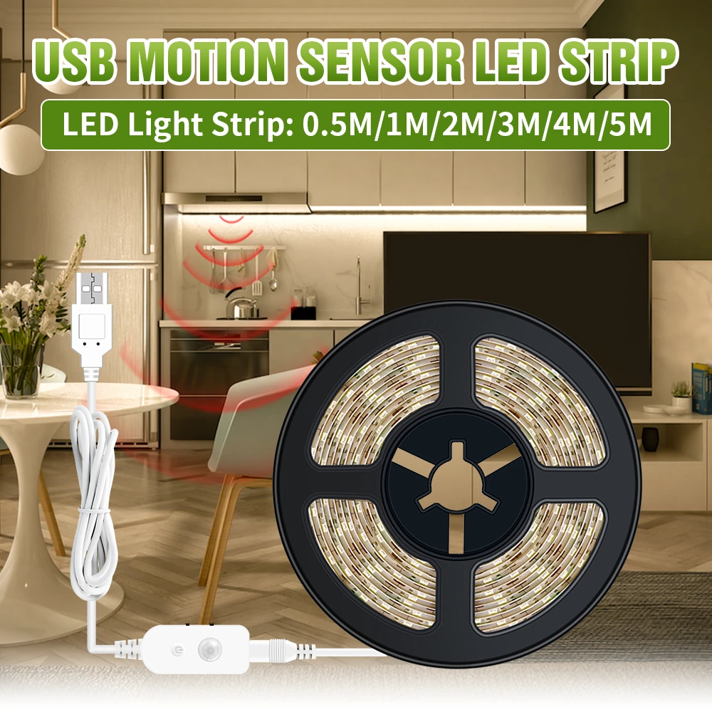 USB LED Flexible Motion Sensor Lamp 5V LED Tape Diode Light 50CM 1M 2M 3M 4M 5M Bulb Strip Indoor Kitchen Closet Backlight Fita