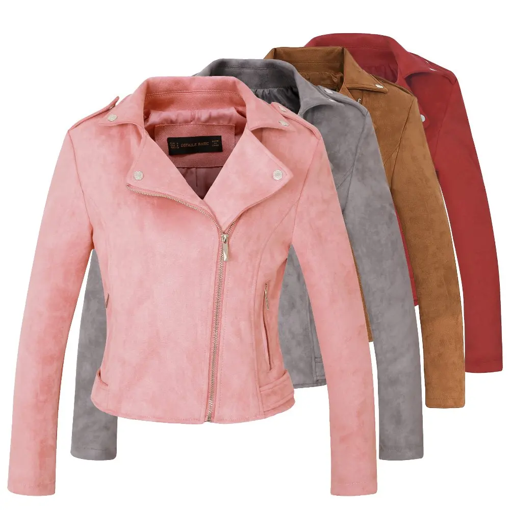 Nice Pop Elegant Autumn Winter Zipper Basic Suede Jacket Coat Motorcycle Jacket Women Outwear Pink Slim Short Winter Jackets