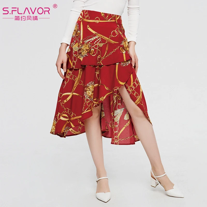 S. FLAVOR 2019 Женская юбка миди с принтом Новое поступление Повседневная