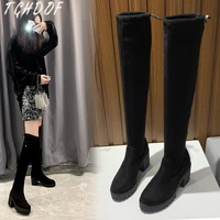 tghdof 2022 fashion stretch fabric sock boots round toe over the knee high heel thigh pointed toe slimming womens boots size 40