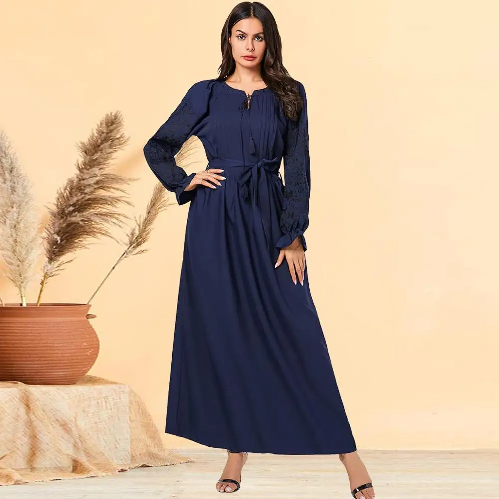 

European and American fashion and comfortable plus size long skirt embroidered long-sleeved Arab dress Muslim women long skirt