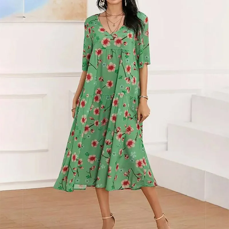 

Fashion Floral Print Female Beach Long Dress Women Casual Short Sleeve Loose Dress 2021 Summer Sexy V-Neck Party Dress Vestidos