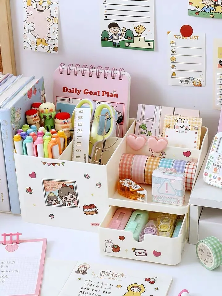 

Creative Kawaii Multiuse Desktop Organizer Pen Holder Book Stand Sundries Badge Storage Box Free Sticker Office School Supplies