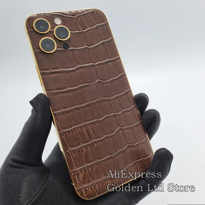 24K Gold Crocodile skin housing For Phone 12Pro Max Gold plated leather brown Limited edition 11 13Pro Middle Frame with logo