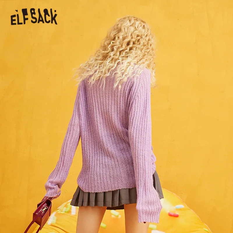 ELFSACK фиолетовый полосатый вязаный свитер для женщин 2019 осень зима серый длинный