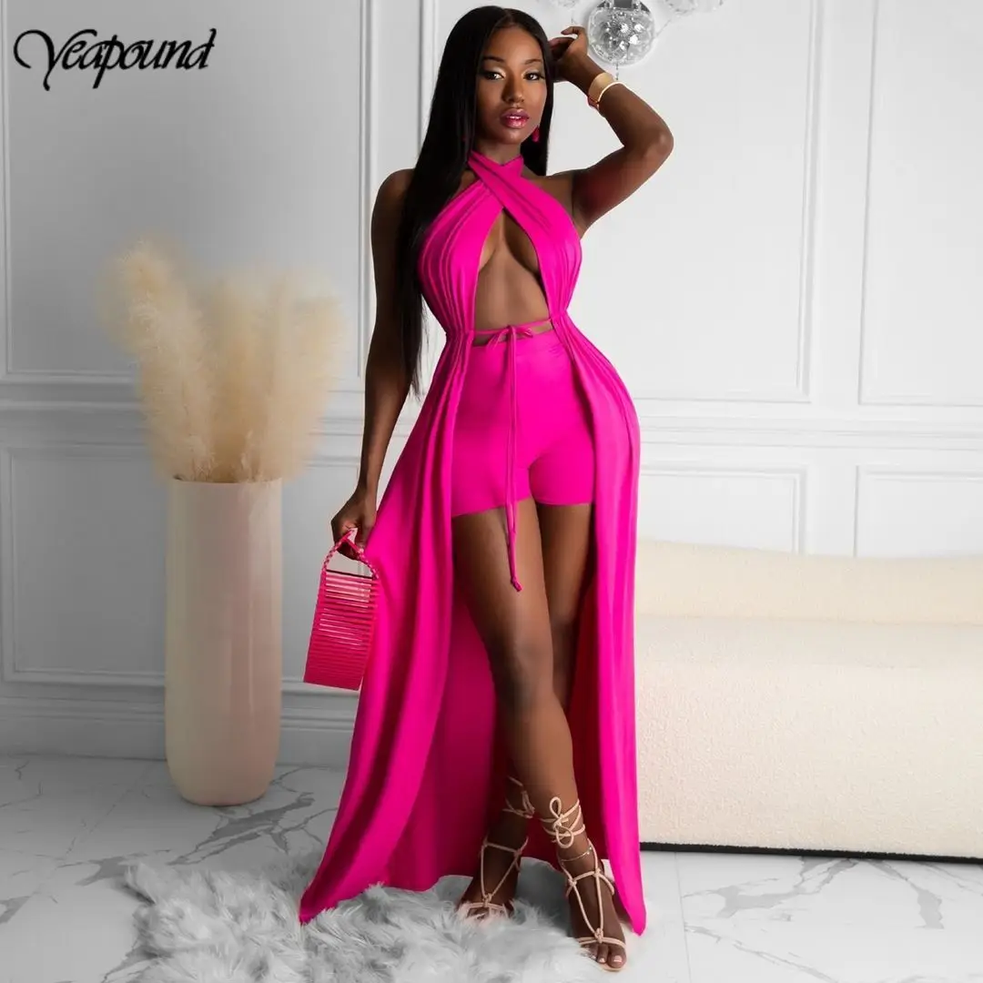 

Solid Halter Two Piece Set Women Tracksuit Sleeveless Loose Long Cape Biker Shorts Sweatsuit Backless Summer Clothes