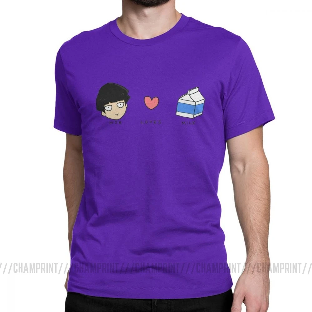 Mob Loves Milk Mob Psycho 100 футболки мужские хлопковые новые футболки с круглым вырезом футболка с коротким рукавом Одежда с принтом - Цвет: Фиолетовый