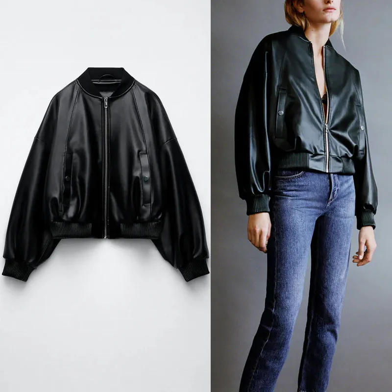 

Za 2021 Black Pu Leather Bomber Jacket Women High Collar Long Sleeve Fitting Coat Fashion Front Zip Female Leatherette Jackets