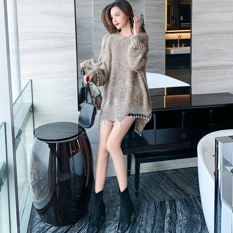 

Autumn and Winter Irregular Western Style Korean Version of the Long Pullover Loose Lazy Wind Sweater Female Autumn and Winter