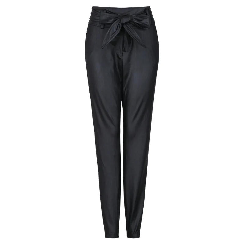 

2021 New Spring Clothing Women Pants High Waist Bow PU Leather Stretchy Skinny Trousers Office Lady Casual Pencil Legging Pant