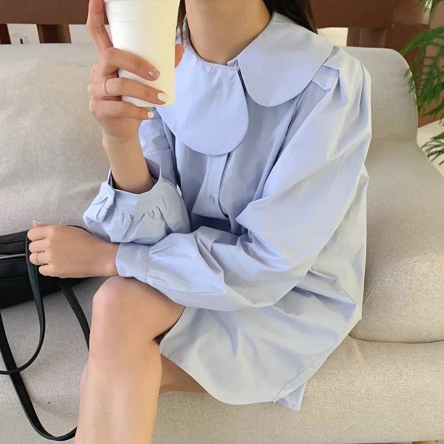 

Женские свободные однотонные Прямые повседневные платья до колена SuperAen, с воротником Питер Пэн и пышными рукавами