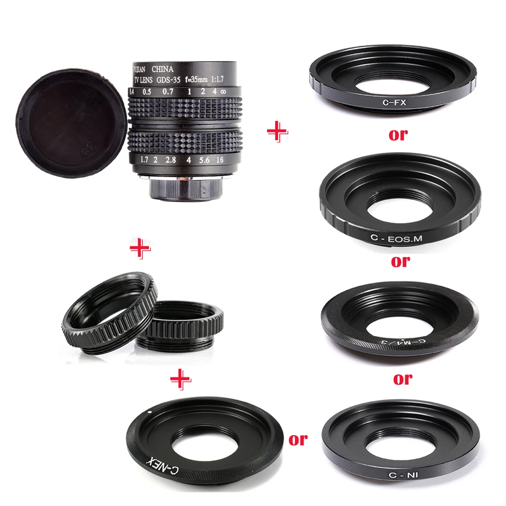 

Fujian 35mm f/1.7 APS-C CCTV Lens+adapter ring+2 Macro Ring for NEX FX M4/3 NIKON1 EOSM Mirroless Camera