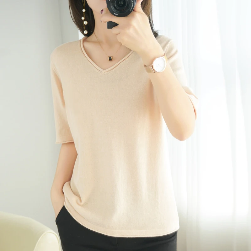 

2021 spring and summer new vest women's V-neck 100% cotton knit bottoming pullover short-sleeved T-shirt plus size free shipping