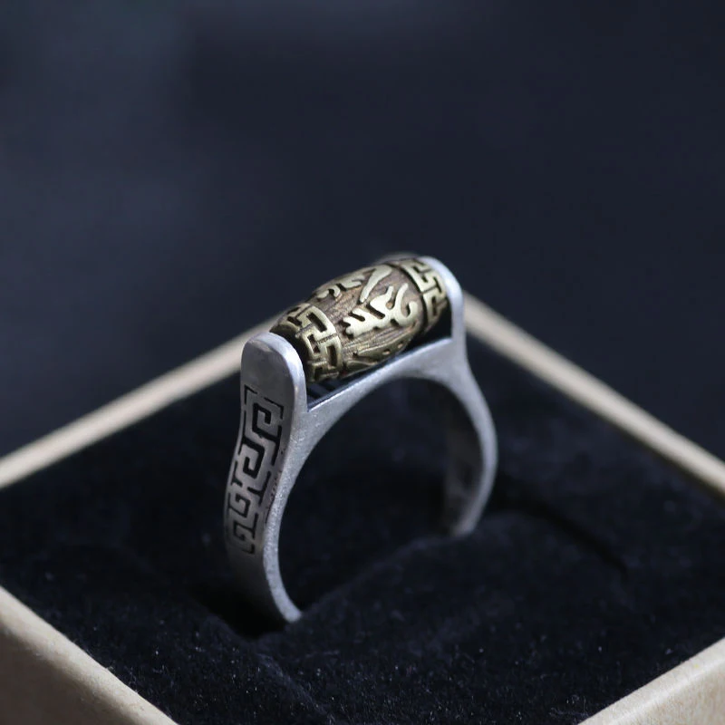 

New Retro 925 Sterling Silver Ring Male And Female Six-character Mantra Can Turn Transfer Bead Opening Adjustment Ring