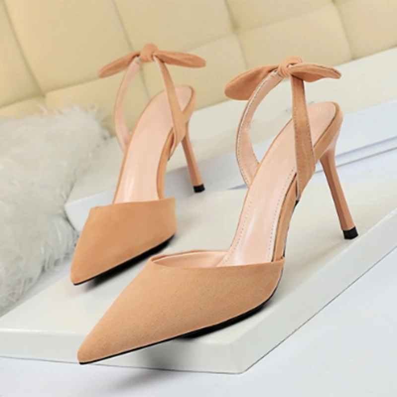 Boussac Elegant Bowtie Slingback High Heel Women Pumps Sexy Pointed Toe High Heels Ladies Shoes Suede Thin Heel Party Shoes B233 - Цвет: pink