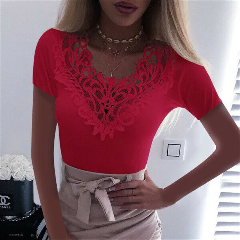 

New Women Slim Tunic Lace V Neck T-shirt 2020 Sexy Elegant Summer Short Sleeve T Shirt Lace Flower Plus Size Tops T-shirts S-5XL