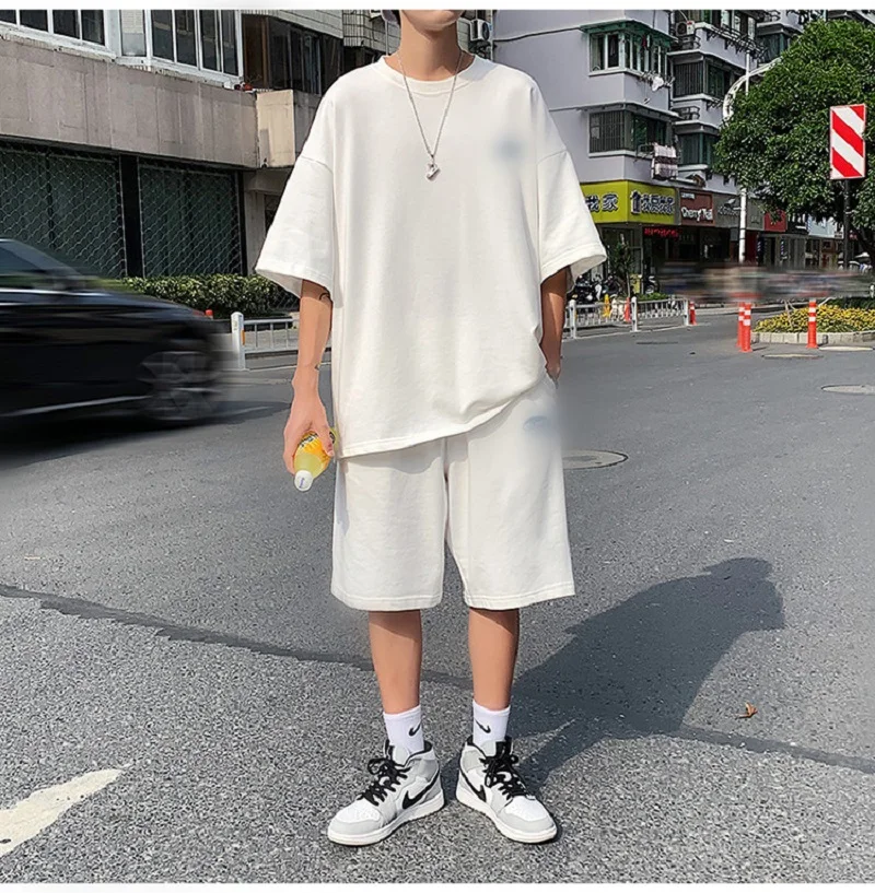 

2-Piece Men's Tshirt Set Men Fashion Hip Hop Solid Color Short Sleeve+Sports Shorts Mens Casual Tracksuit Men Set