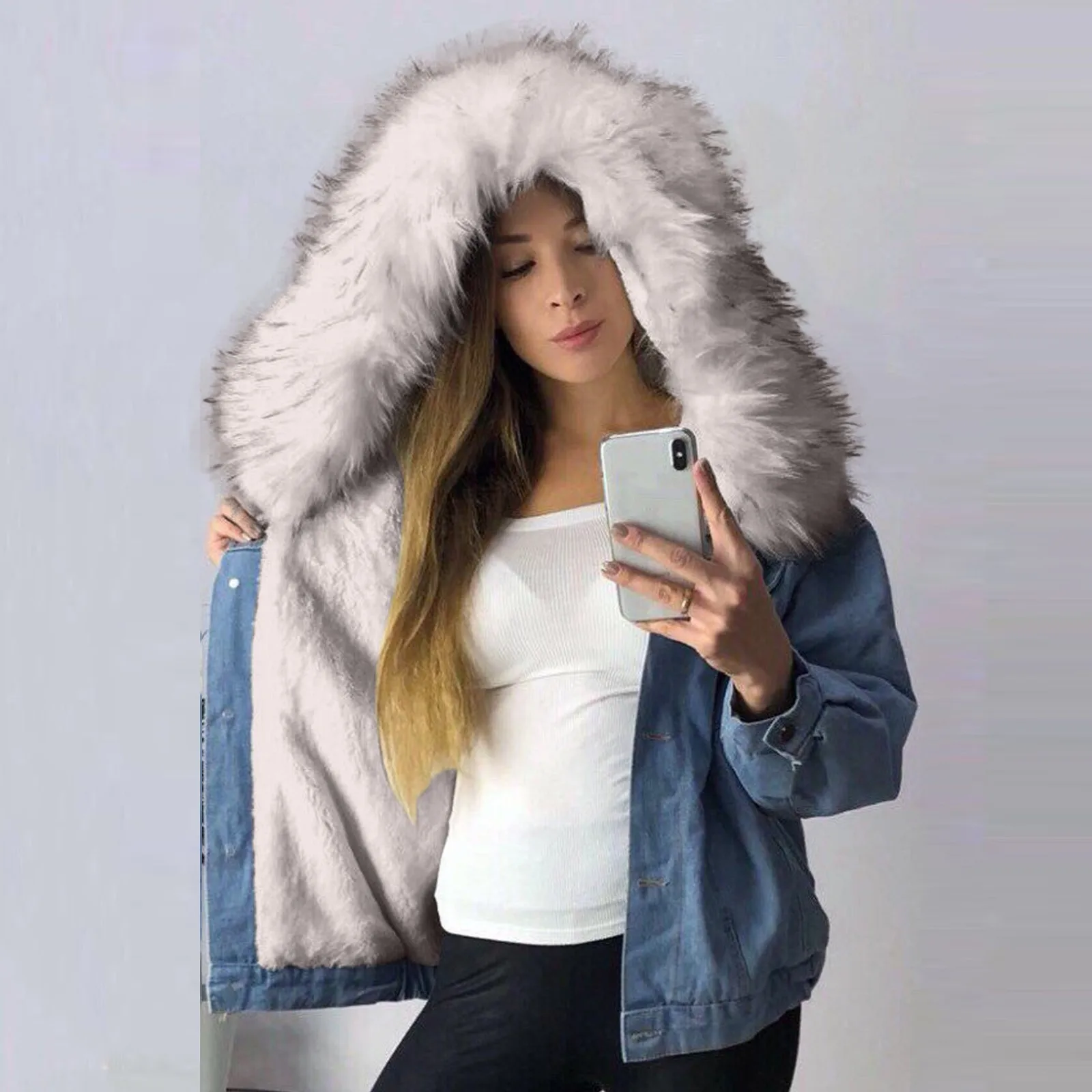 Модные толстовки зимние теплые женские джинсовые куртки пальто с длинным