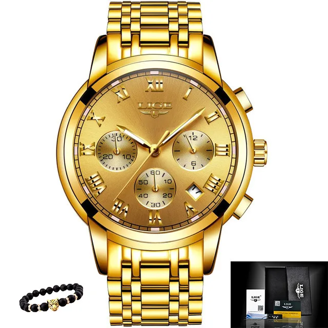S-all gold LIGE мужские часы, военные Роскошные брендовые часы, мужские кварцевые часы из нержавеющей стали, модные часы с хронографом, мужские часы - Цвет: S-all gold