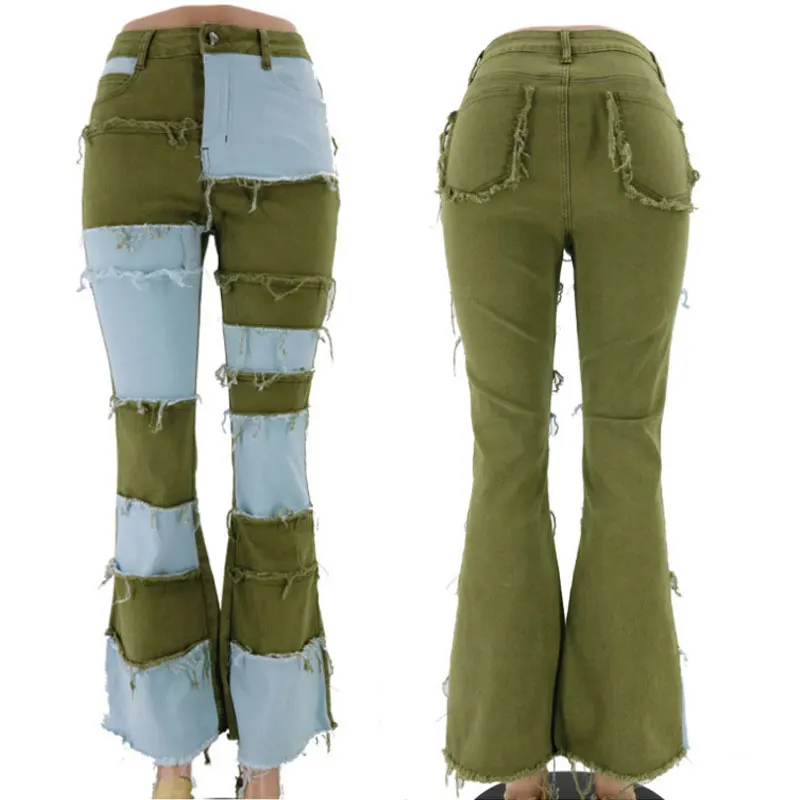 Женские расклешенные джинсы с заплатками винтажные модные брюки из денима