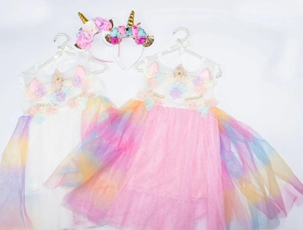 Clear Sales Unicorn Girls Dress Rainbow Embroidery Flowers Toddler Sundress Princess Kids girls Party Summer Wedding dress 1-10Y | Детская
