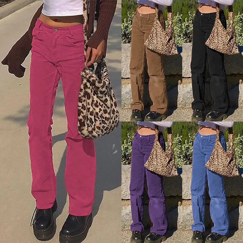

New 2021Women Spring Corduroy Pants High Waist Vintage Korean Wide Leg Pants Elegant Belt Loose Cotton Streetwear