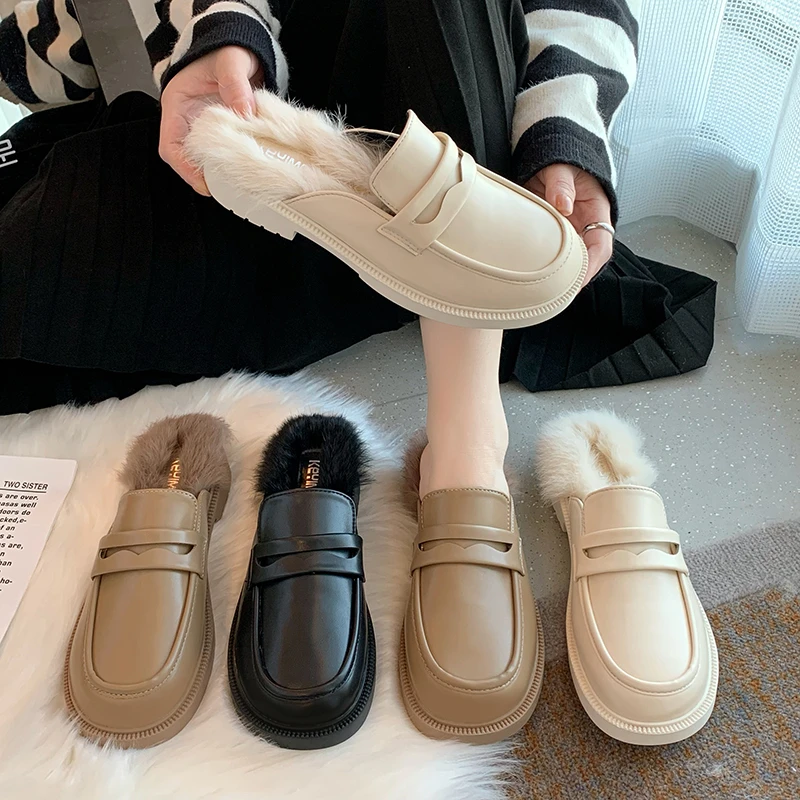 

Сланцы женские с теплым мехом, сандалии на платформе, Нескользящие, тапочки для взрослых, Уличная обувь, Тапочки