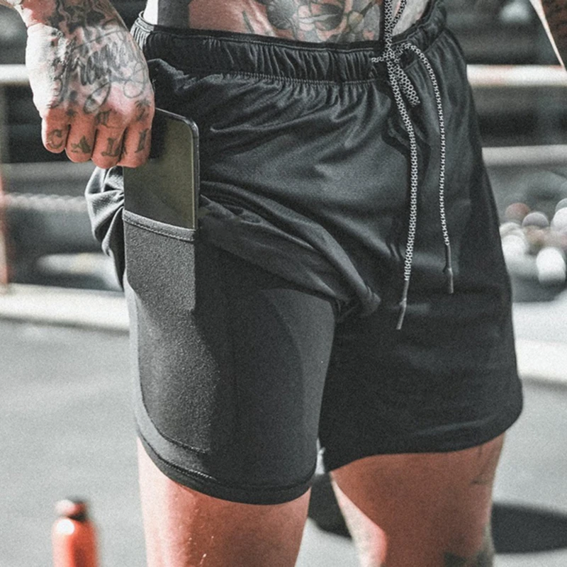 

Men's 2 In 1 Running Shorts Security Pockets Leisure Shorts Quick Drying Sport Shorts Built-in Pockets Hips Hiden Zipper Pockets