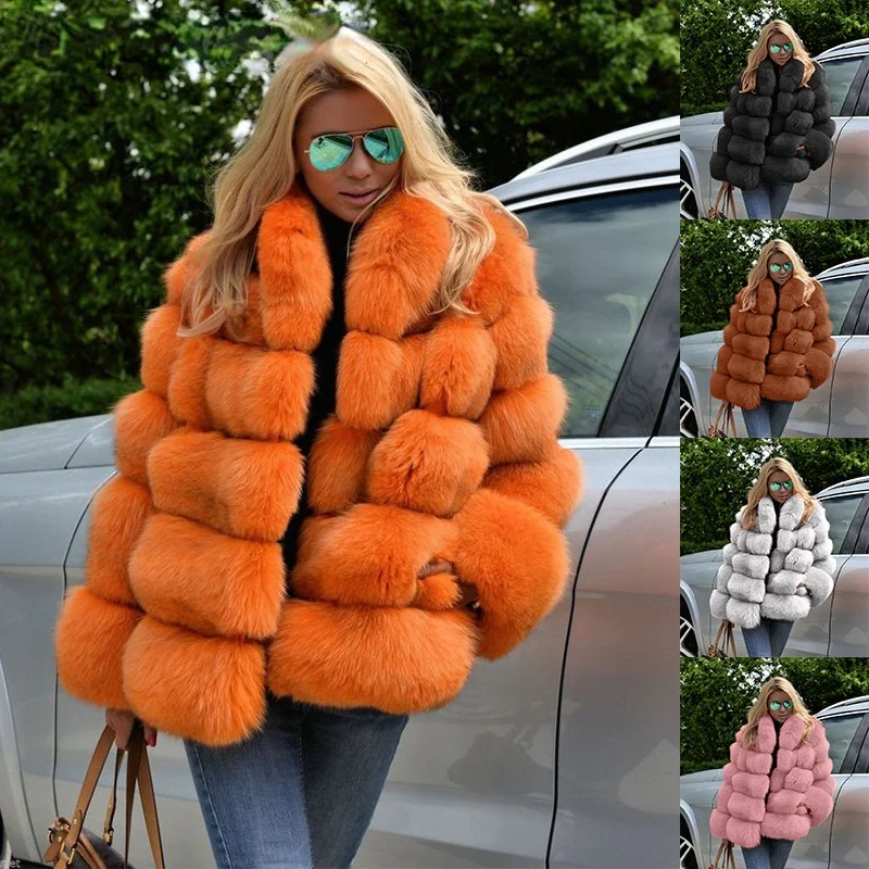 

2021 New Fashion Winter Coat Women Stand Fur Collar Long Sleeve Faux Fur Jacket Women Luxury Faux Fox Fur Coat