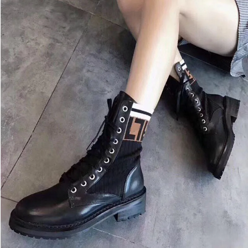 

High Quality Women Martin Boots British Wind Pu Knitted Ladies Flat Ankle Boots Round Toe Fashionable Lace Up Women Winter Boots