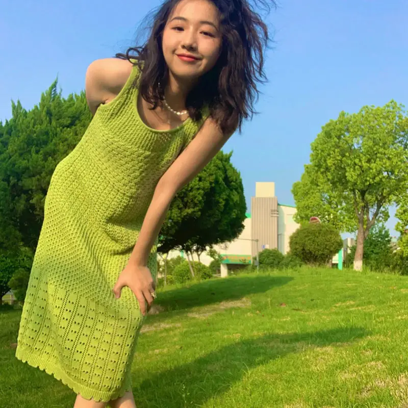 

Женское трикотажное платье во французском стиле, маленькое и свежее маленькое платье без рукавов, пикантное платье для отдыха, Новинка лета...