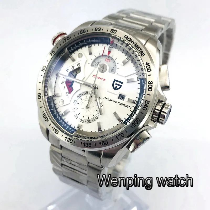 Новый 44 мм Pagani Дизайн Серебристый Стальной чехол белый циферблат Кварцевые