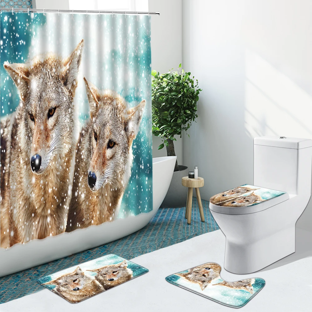 Занавески для душа с изображением леса животных волка растений цветов снега гор