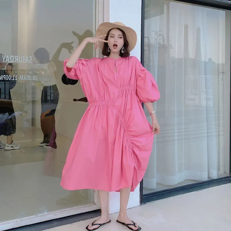 

XITAO Loose Plus Size Pleated Irregular Dress Women Clothes 2020 Summer New Fashion V Neck Half Sleeve Elegant Dress ZLL5178