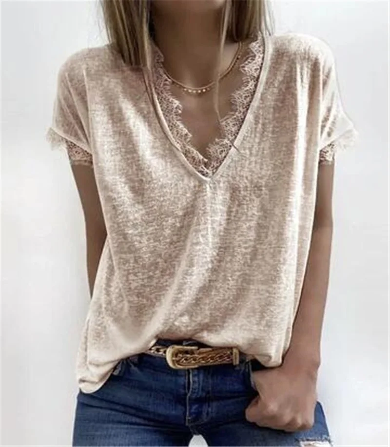 

Plus Size Women Fashion Solid Color Short Sleeve Deep V Neck Lace Trim Blouse Top T-shirt 3XL Female Shirt Blusa Summer